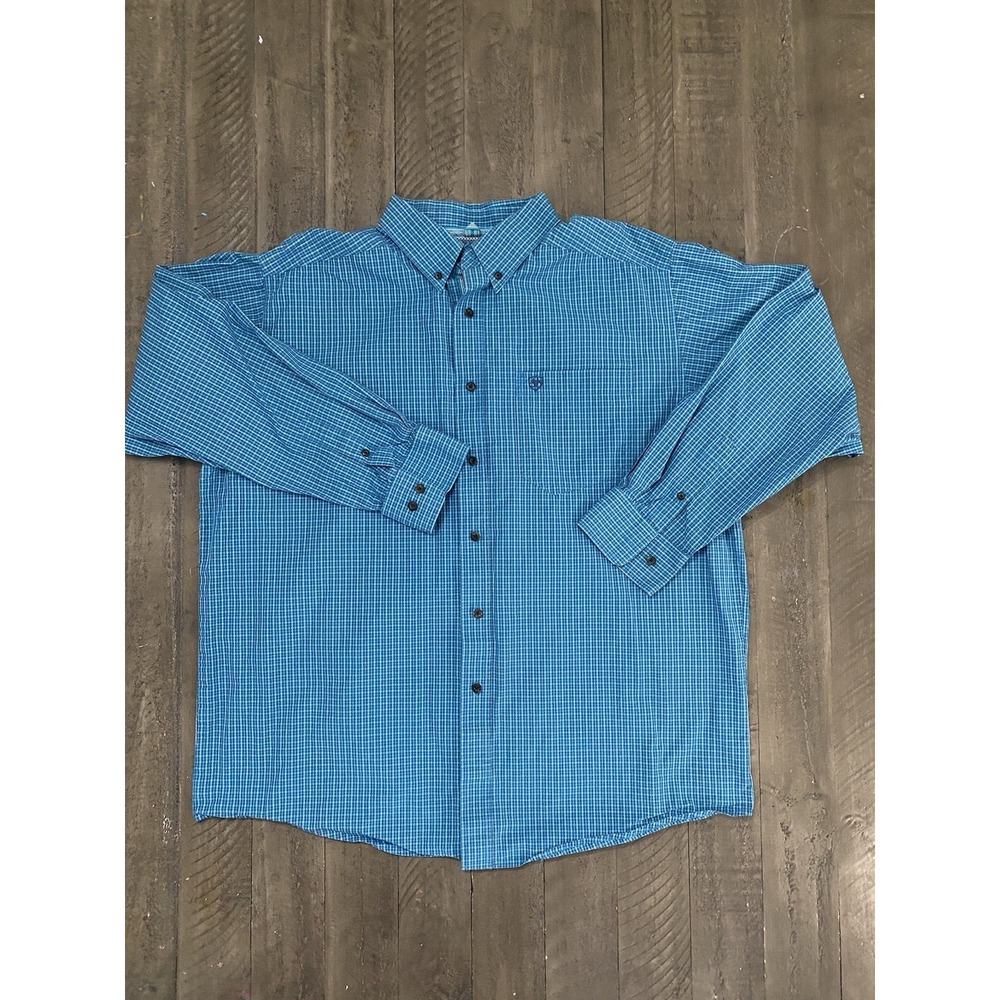 Ariat Shirt Mens Extra Large Blue Plaid Pro Series Stretch Pocket Logo Cowboy